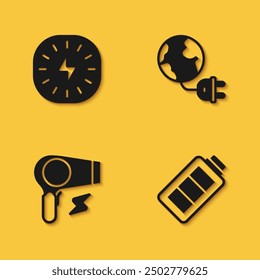 Set Lightning bolt, Battery charge, Hair dryer and Global energy planet with plug icon with long shadow. Vector