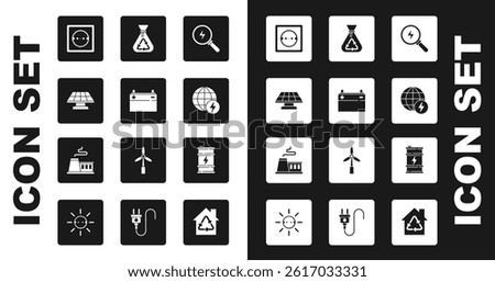 Set Lightning bolt, Car battery, Solar energy panel, Electrical outlet, Global power planet, Garbage bag with recycle, Bio fuel barrel and Factory icon. Vector