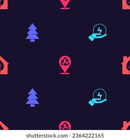Ponga un rayo, un árbol de Navidad, una casa amigable para reciclar y ecológica en un patrón ininterrumpido. Vector