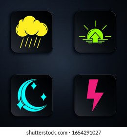 Set Lightning bolt, Cloud with rain, Moon and stars and Sunrise. Black square button. Vector