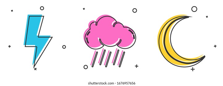 Set Lightning bolt, Cloud with rain and Moon and stars icon. Vector