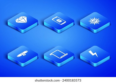Set Lightning bolt, Diamond, Paper scroll, Diploma rolled, Smartphone battery charge and UV protection icon. Vector
