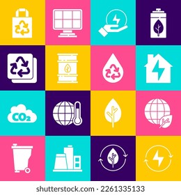 Set Lightning bolt, Earth globe and leaf, House lightning, Bio fuel barrel, Recycle, Paper bag with recycle and clean aqua icon. Vector