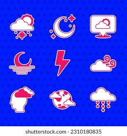 Set Lightning bolt, Earth planet with clouds, Cloud rain, Windy weather, Man having headache, Sunset, Location and snow and sun icon. Vector