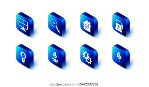 Set Lightning bolt, Eco friendly house, Electric car charging station, Leaf or leaves, plant gear machine, Earth globe and leaf, bulb with and Solar energy panel icon. Vector