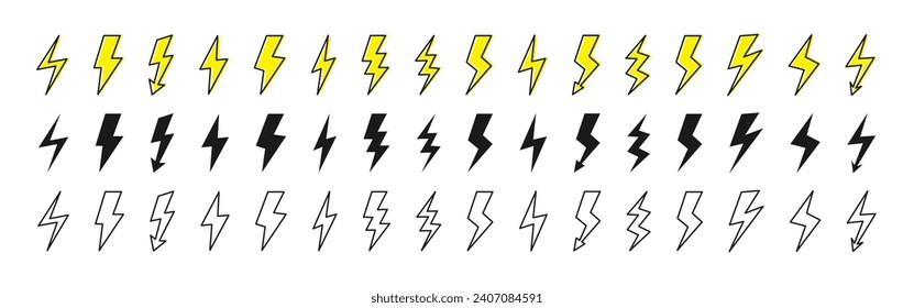 Set of lightning bolt. Electric lightning bolt icons. Vector illustration.