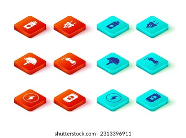 Set Lightning bolt, Electric light switch, emitting diode, Resistor electricity, plug and Battery icon. Vector