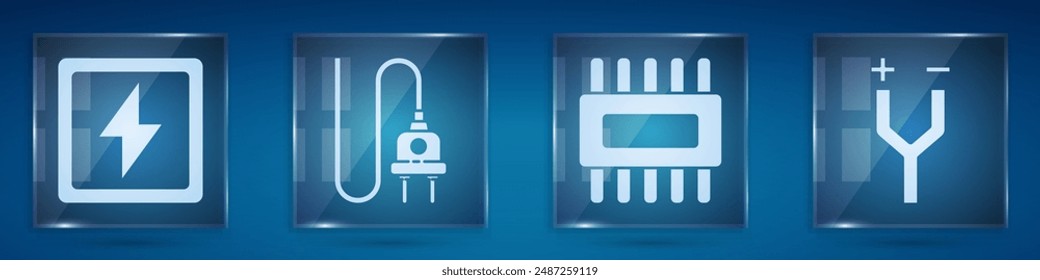 Set Lightning bolt, Electric plug, Processor with microcircuits CPU and Electric cable. Square glass panels. Vector