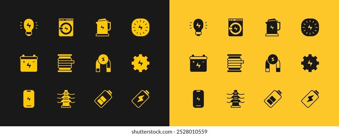 Set Lightning bolt, Electric tower line, Magnet, Battery charge, Wire electric cable on reel, kettle, Creative lamp light idea and Washer icon. Vector