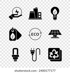 Set Lightning bolt, Factory, bulb with leaf, LED light, Electric plug, Recycle, Tag and Label for eco healthy food icon. Vector