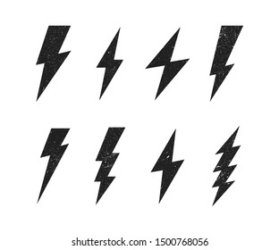 Set Lightning bolt with grunge texture. Thunderbolt, lightning strike. Modern flat style vector illustration.