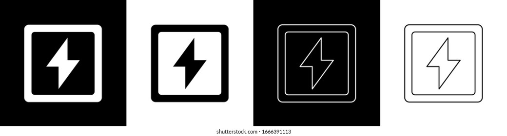 Set Lightning bolt icon isolated on black and white background. Flash sign. Charge flash icon. Thunder bolt. Lighting strike.  Vector Illustration