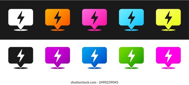 Set Lightning bolt icon isolated on black and white background. Flash icon. Charge flash icon. Thunder bolt. Lighting strike.  Vector