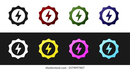 Set Lightning bolt icon isolated on black and white background. Flash sign. Charge flash icon. Thunder bolt. Lighting strike.  Vector