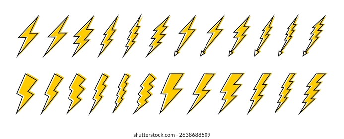Set of lightning bolt icons. Collection of thunderstorm signs isolated on white background. Energy, power, flash light, dander or battery charge symbols. Vector graphic illustration.