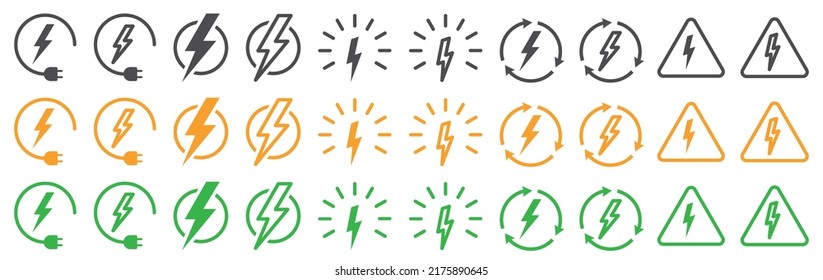 Set of lightning bolt icons. Electricity and voltage signs. Electric power logo, energy symbol. Flash symbol. Thunder bolt. Vector illustration.