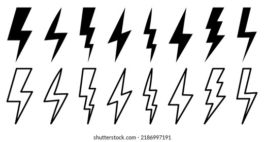 Set of lightning bolt icons. Flat and line art style. Symbol for website design, logo, app, UI. Vector illustration, EPS10