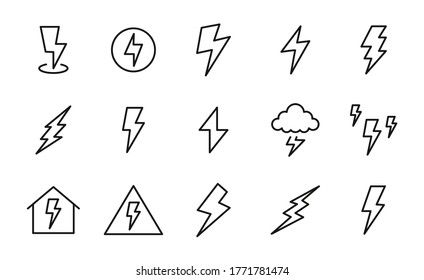 Set of lightning bolt icons in modern thin line style. High quality black outline thunderbolt symbols for web site design and mobile apps. Simple bolt pictograms on a white background.