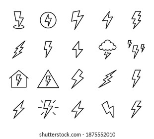 Set of lightning bolt icons in modern thin line style. High quality black outline thunderbolt symbols for web site design and mobile apps. Simple bolt pictograms on a white background.