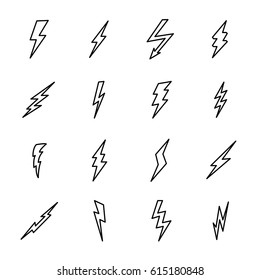 Set lightning bolt icons in modern thin line style  High quality black outline thunderbolt symbols for web site design   mobile apps  Simple bolt pictograms white background 