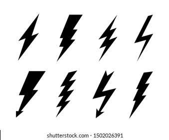 Set lightning bolt isolated on white background. Vector flat thunderbolt, lightning strike.