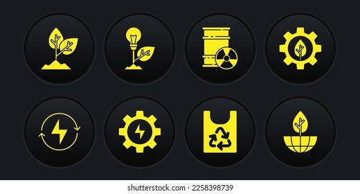 Set Lightning bolt, Leaf plant gear machine, Gear and lightning, Plastic bag with recycle, Radioactive waste barrel, bulb leaf, Earth globe and Plant icon. Vector