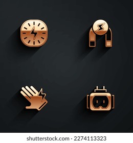 Set Lightning bolt, Magnet, Electric glove and Tee plug electric icon with long shadow. Vector