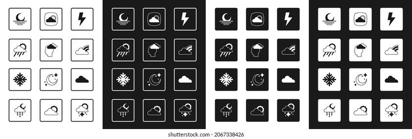 Blitzschlag setzen, Mann mit Kopfschmerzen, Wolke mit Regen und Sonne, Sonnenuntergang, Regenbogenwolken, Wettervorhersage und Schneeflocken-Symbol. Vektorgrafik