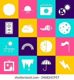 Set Lightning bolt, Meteorology windsock wind vane, Moon, Calendar and sun, Sun cloud, Weather forecast,  and Cone meteorology icon. Vector