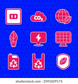 Set Lightning bolt, Plastic bag with recycle, Shield leaf, Solar energy panel, Eco fuel canister, bulb, Earth globe and and Electrical outlet icon. Vector