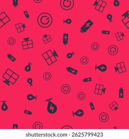 Set Lightning bolt, Power button, Solar energy panel and Battery on seamless pattern. Vector