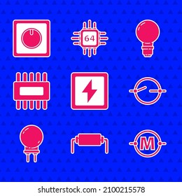 Set Lightning bolt, Resistor electricity, Electric circuit scheme, emitting diode, Processor with microcircuits CPU, bulb concept of idea and light switch icon. Vector