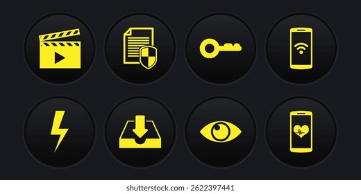 Set Lightning bolt, Smartphone with wireless, Download inbox, Eye, Key and Document protection icon. Vector