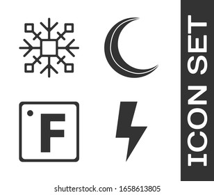 Set Lightning bolt, Snowflake, Fahrenheit and Moon and stars icon. Vector