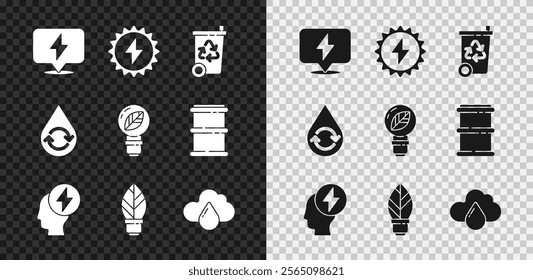 Set Lightning bolt, Solar energy panel, Recycle bin with recycle, Head and electric symbol, bulb leaf, Cloud rain, clean aqua and  icon. Vector