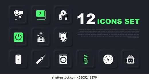 Set Lightning bolt, Tee plug electric, Electrician, LED light bulb, Power button, Soldering iron, Book about electricity and Washer icon. Vector