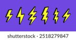 Set of lightning bolt, thunder, electric or weather icon in pixel art style. 3d retro vector illustration.