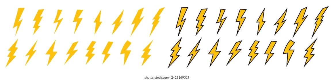 Set Of lightning bolt or thunder icons .Lightning icons collection.Collecction of flash lightning bolt sign.Vector Illustration