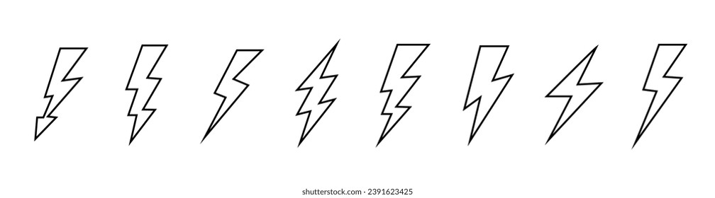 Set lightning bolt.  Thunderbolt pictogram. Thundershock zigzag arrow . Vector