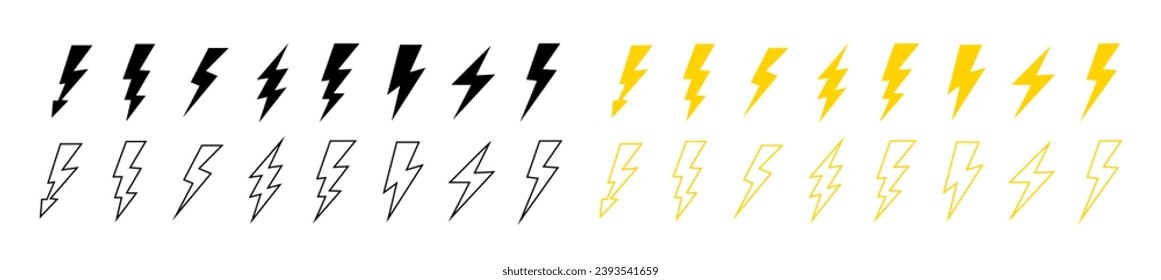 Set lightning bolt.  Thunderbolt pictogram. Thundershock zigzag arrow . Vector