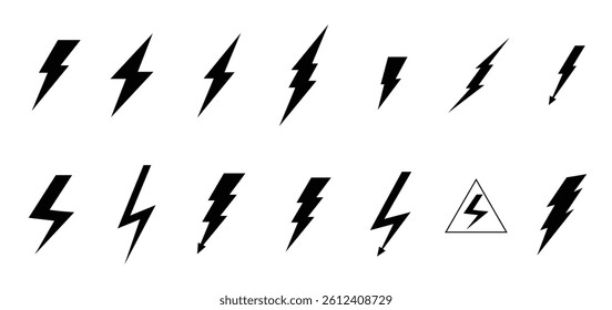 Set lightning bolt. Thunderbolt pictogram. Thundershock zigzag arrow. Lightning icon set illustration. electric sign and symbol. power icon. 