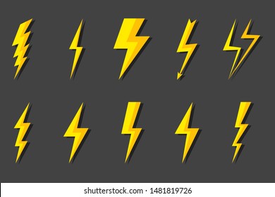 Set Lightning bolt. Thunderbolt, lightning strike. Modern flat style vector illustration. Thunder and Bolt Lighting Flash Icons Set. Flat Style on Dark Background. Vector.