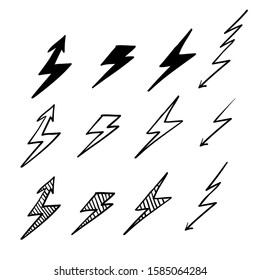 Set Lightning bolt. Thunderbolt, lightning strike. doodle hand drawn style vector illustration. Thunder and Bolt Lighting Flash Icons Set.vector isolated