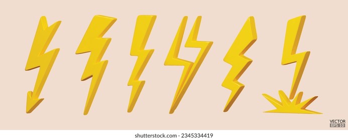 Set Lightning bolt. Thunderbolt, lightning strike. 3D vector illustration.