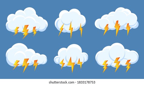 Set of lightning bolt thunderstorm cloud icons. Design symbol weather for web or app. Sign logo storm, thunder and lightnings strike. Different fast shiny shock flash sign Isolated vector illustration