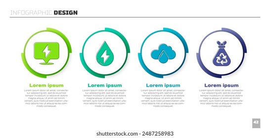 Set Lightning bolt, Water energy, Cloud with rain and Garbage bag with recycle. Business infographic template. Vector