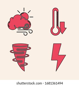 Set Lightning bolt, Windy weather, Thermometer and Tornado icon. Vector