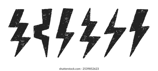 Set of lightning bolts with charcoal, pastel or crayon texture. Grunge doodle vector illustration.