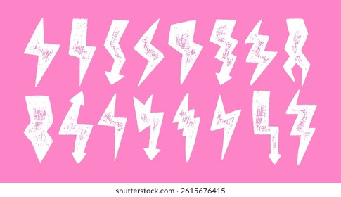 Set of lightning bolts with crayon, pastel or chalk texture. Grunge white doodle illustration on a pink background.