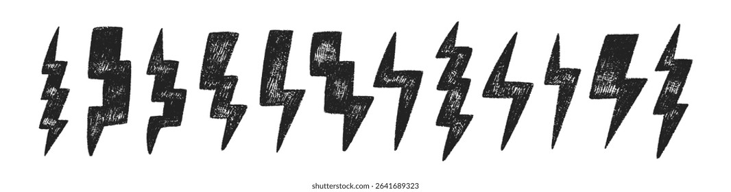 Set of lightning bolts with crayon, pastel or chalk texture. Hand drawn black doodle illustration isolated on a white background.